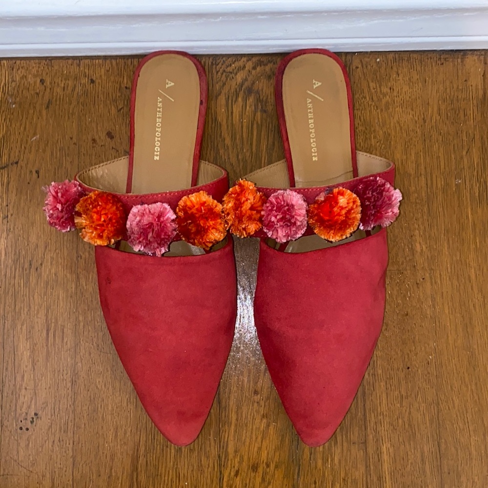 Anthropologie Slip Ons with pompoms